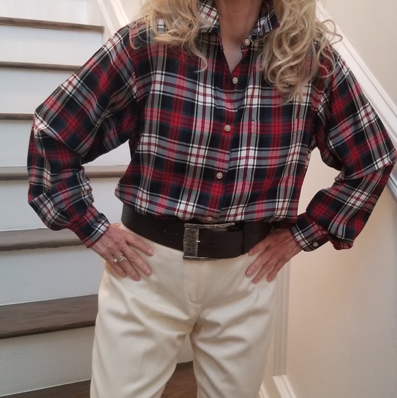 Eddie Bauer Red, Green, & Blue Plaid Button Down Rayon Shirt, Medium, $20 - Picture 6 of 7